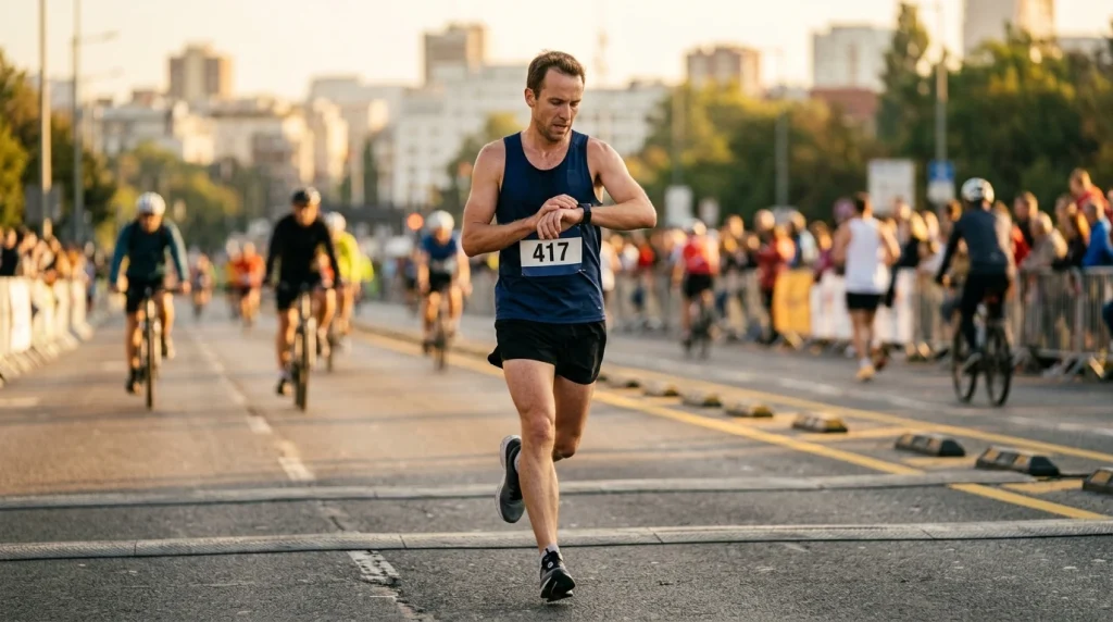 Coureur consultant son allure sur une montre GPS pendant un marathon