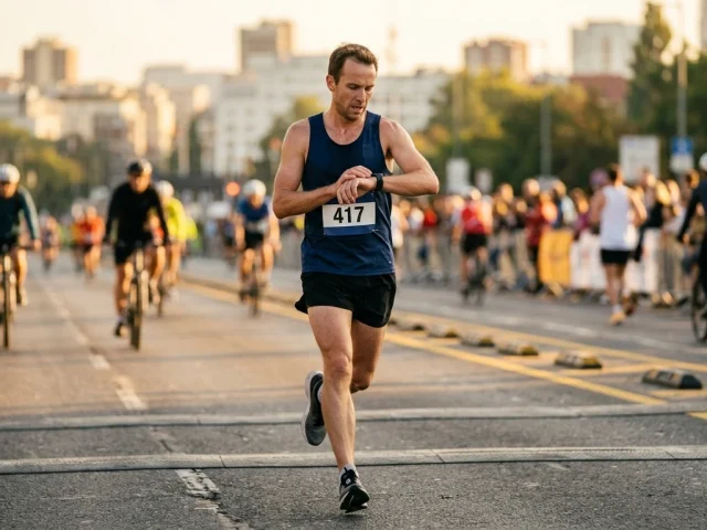 Coureur consultant son allure sur une montre GPS pendant un marathon