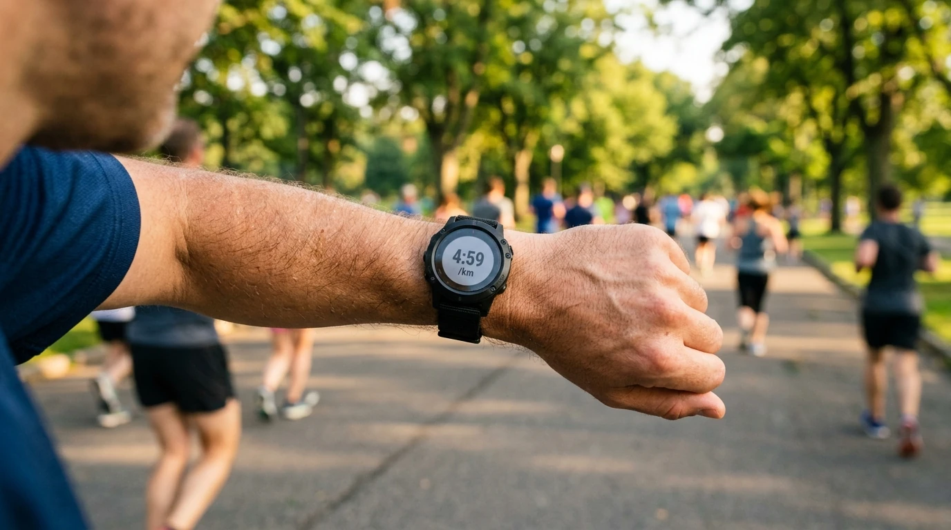 Montre GPS affichant l'allure en minutes par kilomètre pendant une course