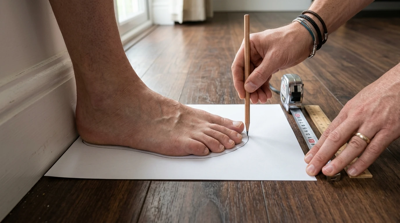 Mesure de la longueur du pied sur une feuille pour déterminer sa pointure de running