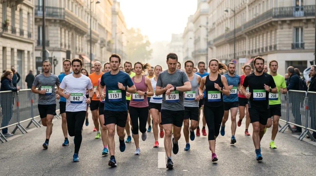 coureur franchissant la ligne d'arrivée d'un semi-marathon, ambiance course populaire