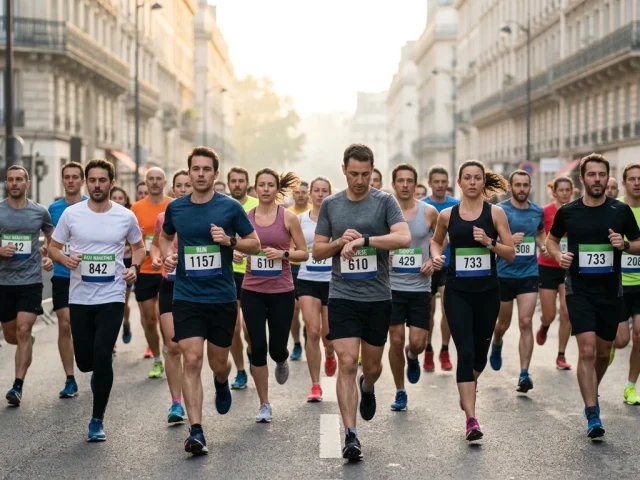 coureur franchissant la ligne d'arrivée d'un semi-marathon, ambiance course populaire