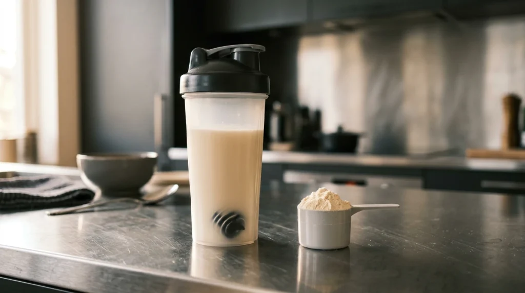 Whey protéine en poudre dans un shaker, complément alimentaire pour la musculation