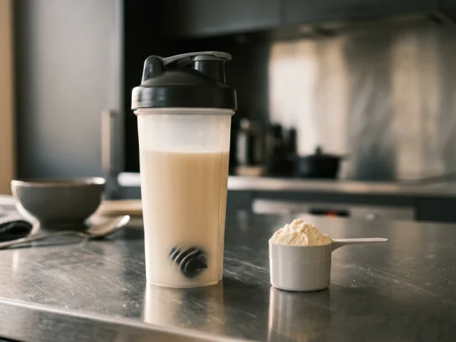 Whey protéine en poudre dans un shaker, complément alimentaire pour la musculation