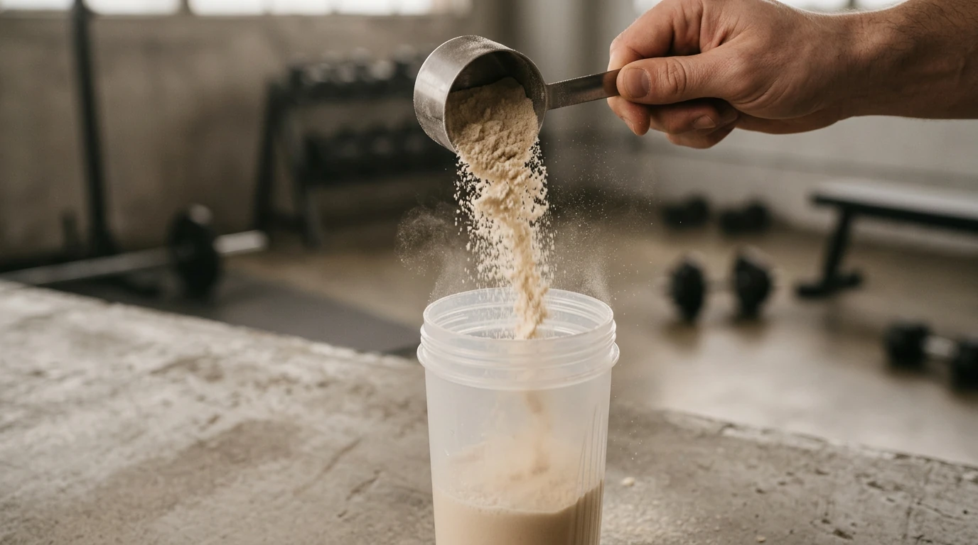 Poudre de whey concentrée versée dans un shaker sport