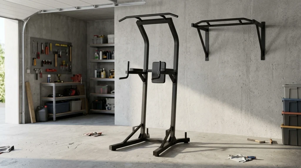 Barre de traction murale Corength fixée en hauteur et chaise romaine Domyos dans un garage