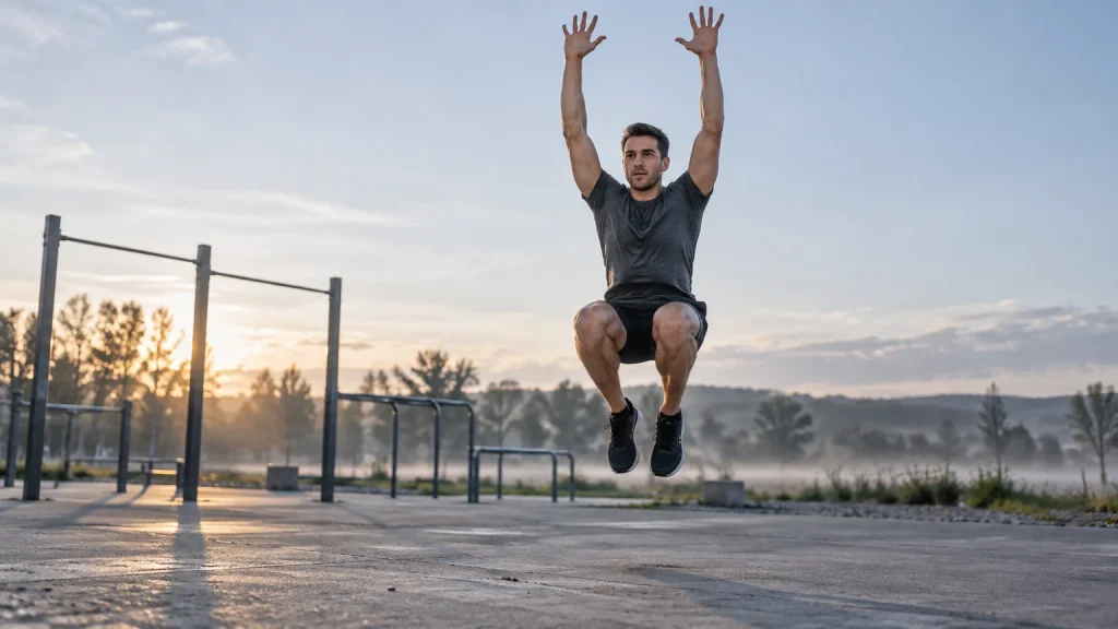 Athlète en phase de saut d'un burpee sur une aire de street workout en extérieur