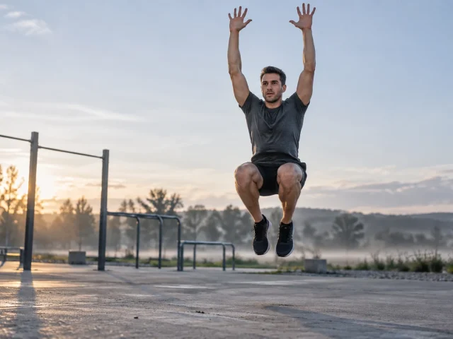 Athlète en phase de saut d'un burpee sur une aire de street workout en extérieur