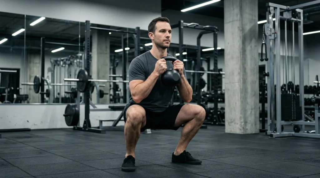 goblet squat au kettlebell, position basse avec le buste droit