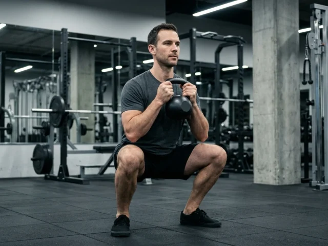 goblet squat au kettlebell, position basse avec le buste droit