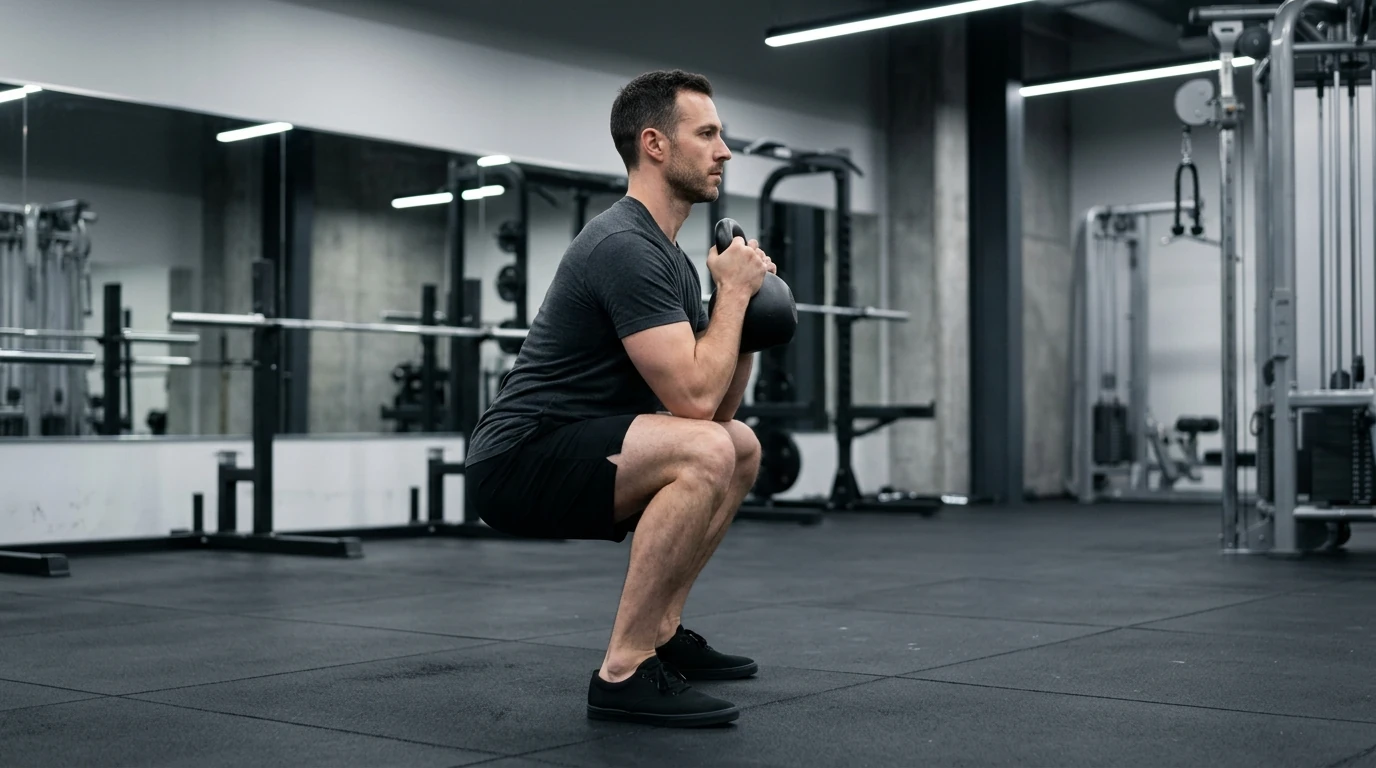 position basse du goblet squat au kettlebell, cuisses parallèles au sol
