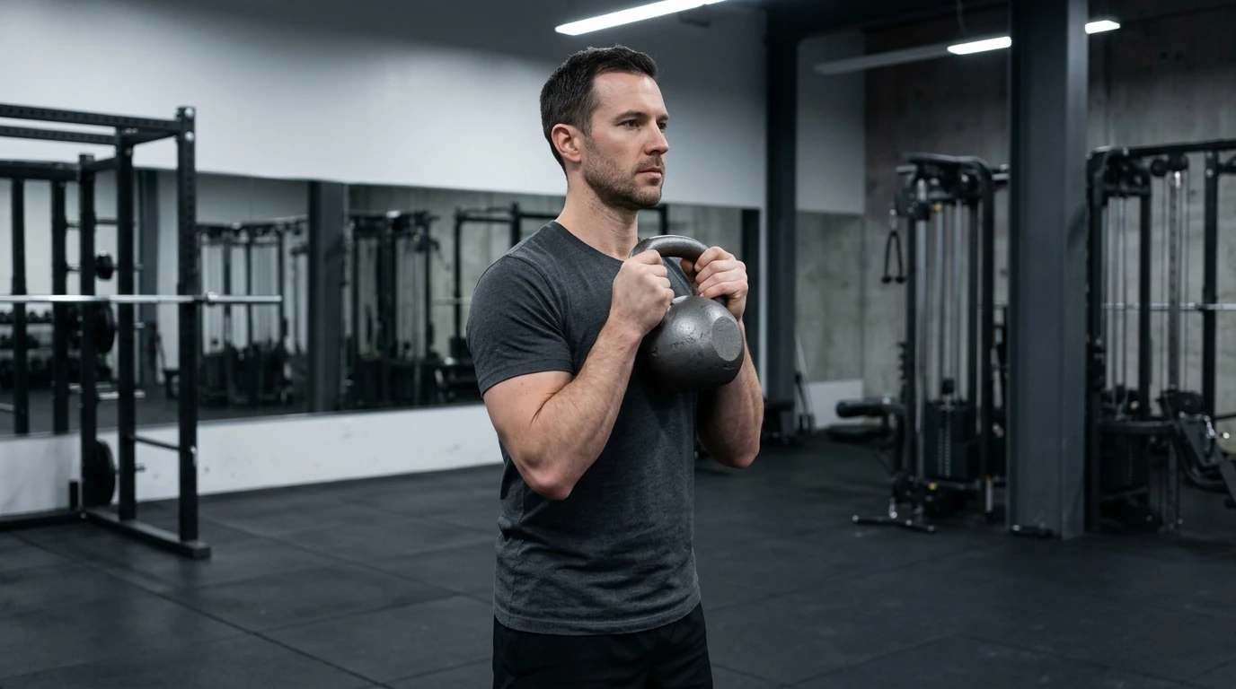 prise du kettlebell contre la poitrine en position de départ du goblet squat