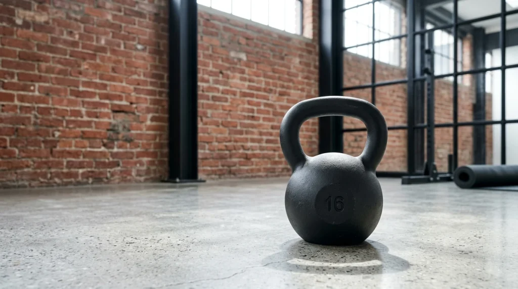 Kettlebell en fonte posé au sol, prêt pour l'entraînement