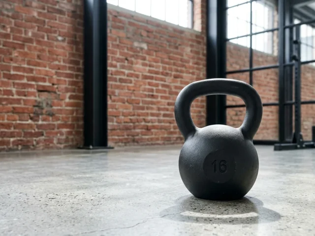 Kettlebell en fonte posé au sol, prêt pour l'entraînement