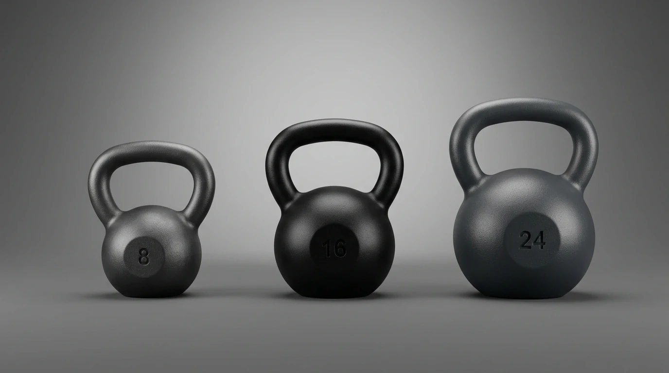 Trois kettlebells de tailles différentes, du 8 au 24 kg
