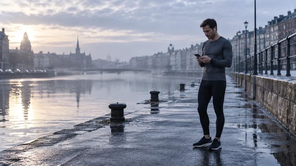 Coureur consultant l'application Kiprun Pacer avant une séance de course à pied