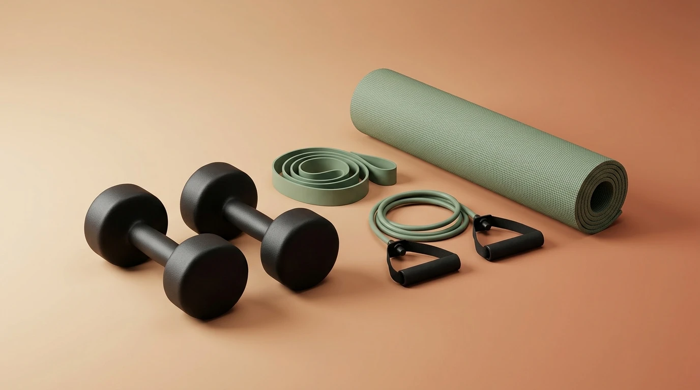 Équipement minimal pour la musculation à la maison : tapis de sol, haltères et élastiques de résistance