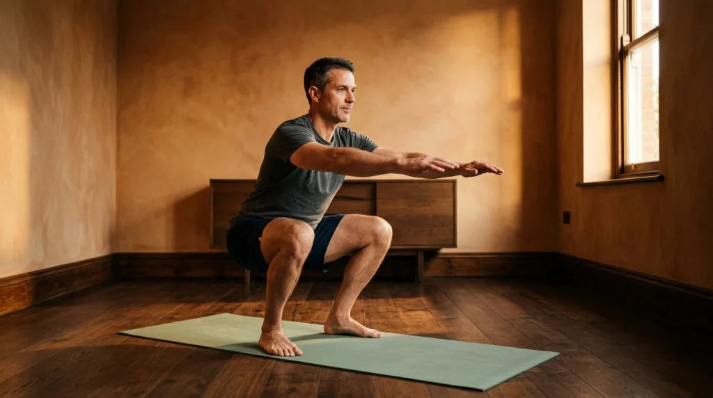 Musculation à la maison : séance de renforcement au poids du corps dans un salon aménagé