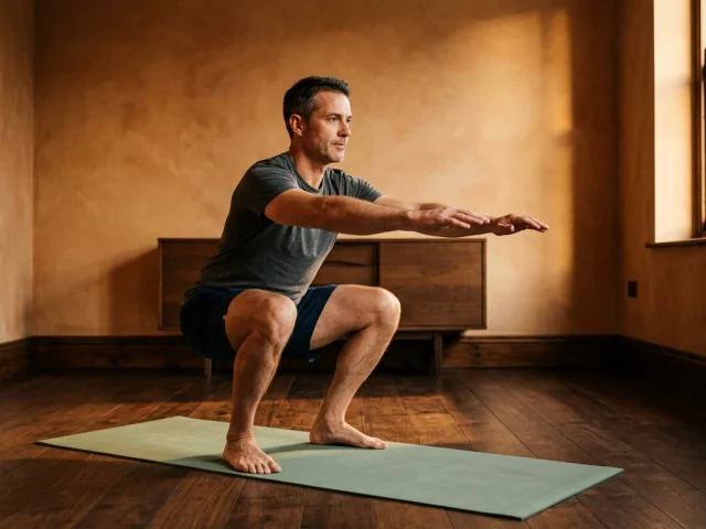 Musculation à la maison : séance de renforcement au poids du corps dans un salon aménagé