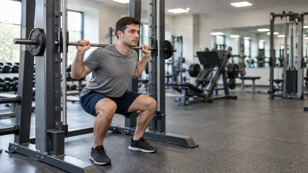 Débutant réalisant un squat guidé à la salle de sport, charge légère