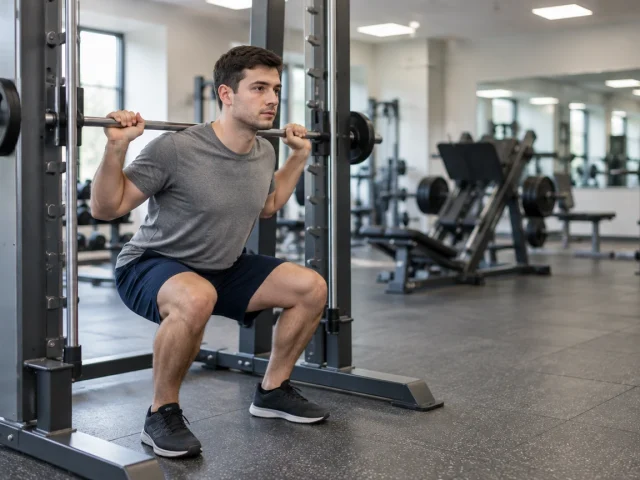 Débutant réalisant un squat guidé à la salle de sport, charge légère