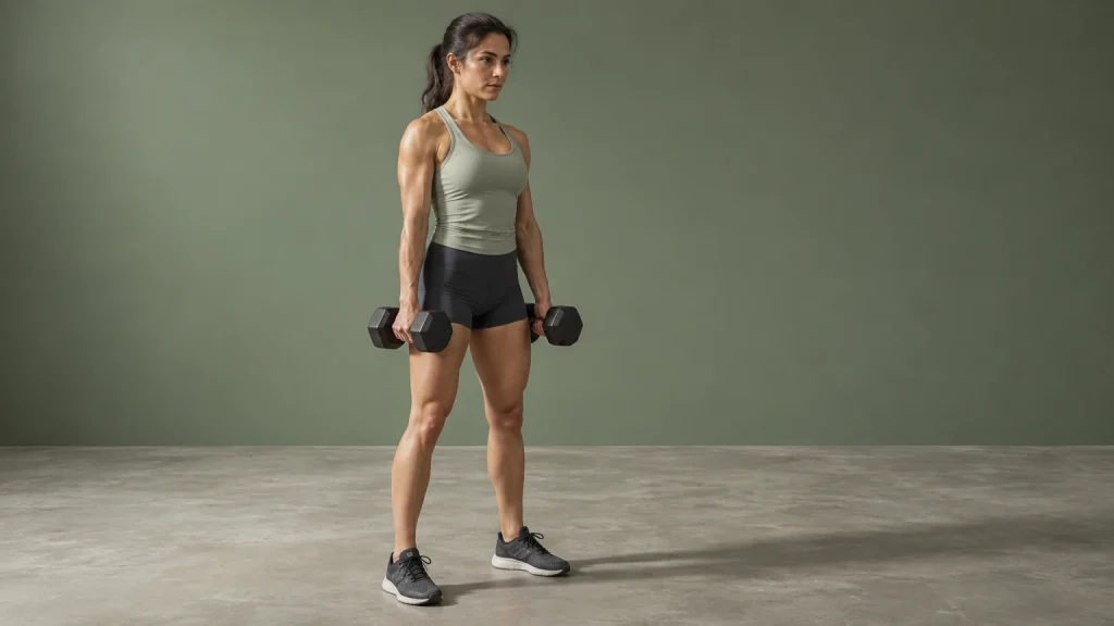 Femme réalisant une série de musculation avec des haltères en salle