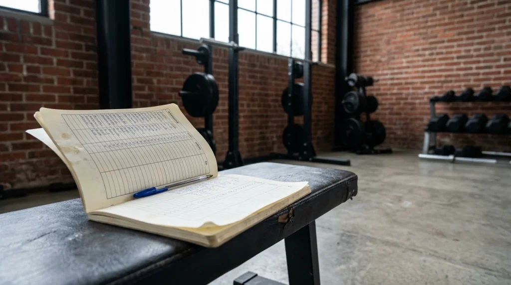Carnet de programme de musculation posé sur un banc de salle, haltères en arrière-plan