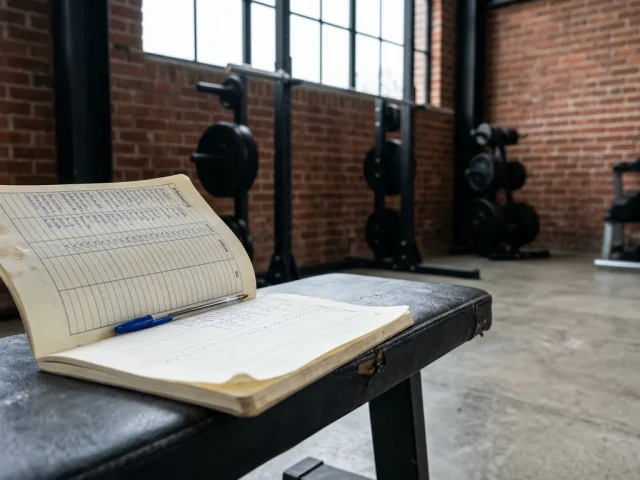 Carnet de programme de musculation posé sur un banc de salle, haltères en arrière-plan