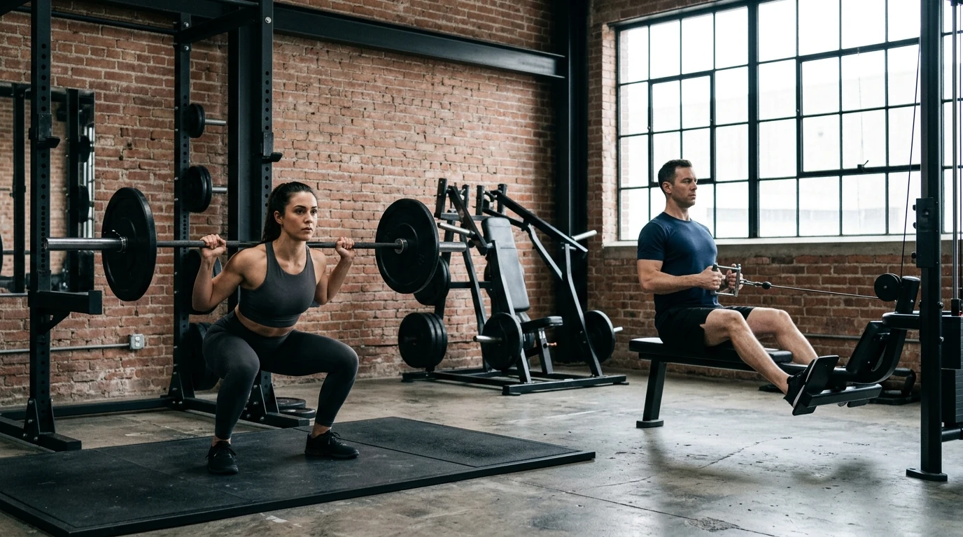Deux pratiquants enchaînent squat et tirage, exercices de base d'un programme de musculation