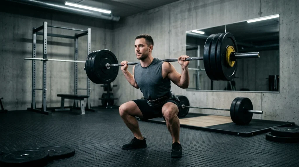 Pratiquant réalisant un squat lourd dans une salle de musculation orientée force
