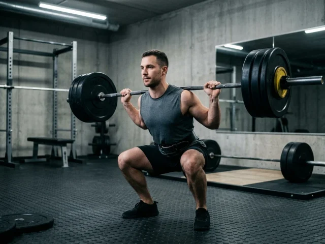Pratiquant réalisant un squat lourd dans une salle de musculation orientée force