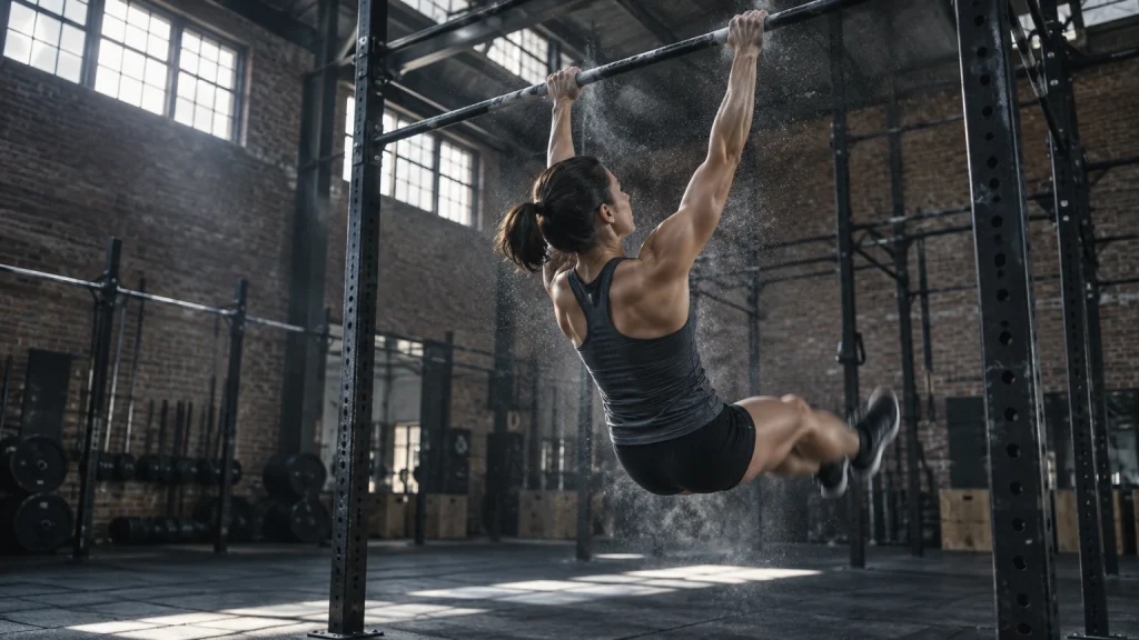 Athlète en pleine phase de kipping pull-up sous une barre de traction en salle de CrossFit