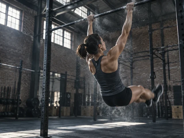 Athlète en pleine phase de kipping pull-up sous une barre de traction en salle de CrossFit