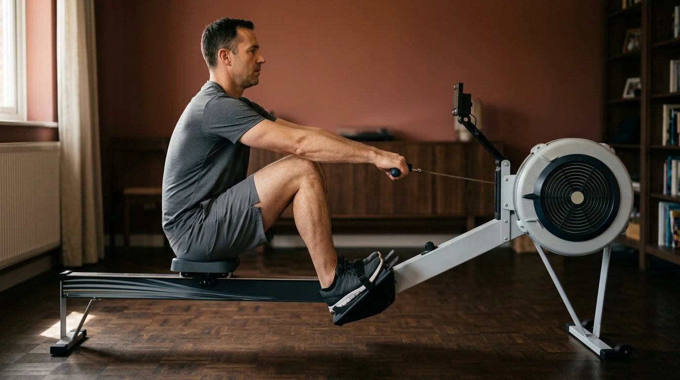 position de départ sur rameur&nbsp;: pieds calés, jambes fléchies, dos droit