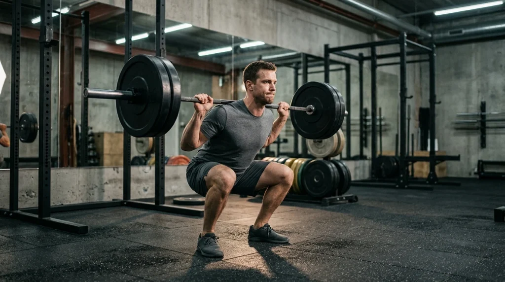Pratiquant effectuant un squat avec barre pendant une séance de jambes en musculation