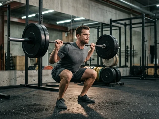 Pratiquant effectuant un squat avec barre pendant une séance de jambes en musculation