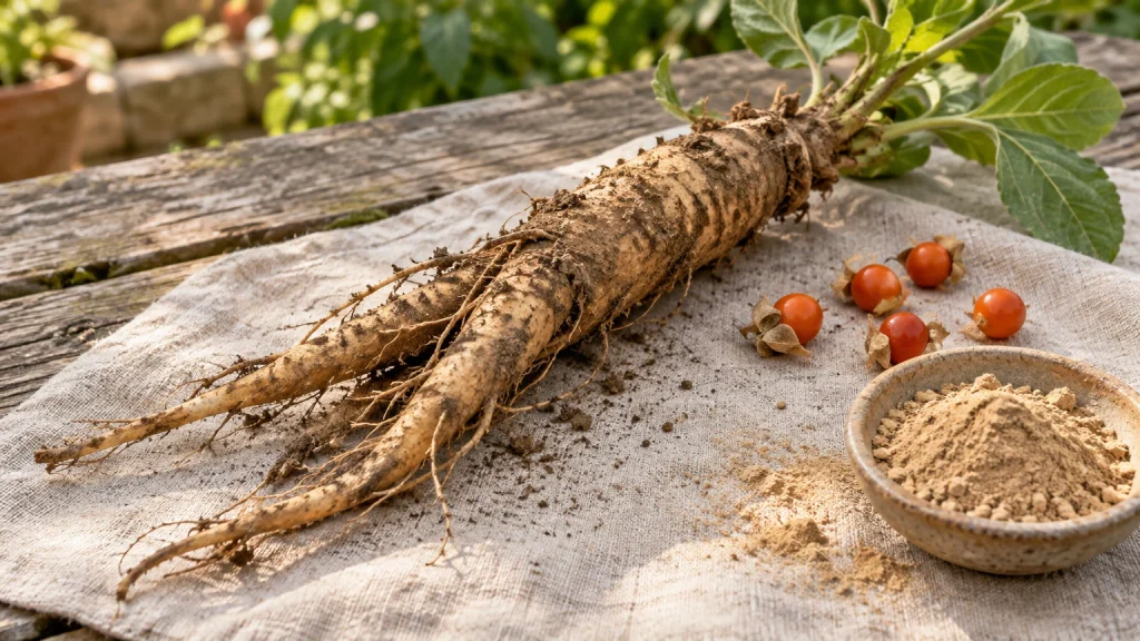 racine, baies et poudre d'ashwagandha (Withania somnifera) sur fond naturel clair
