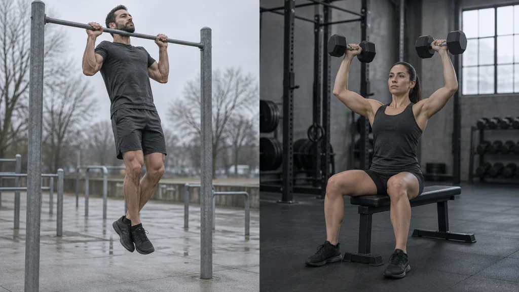 pratiquant de callisthénie sur une barre de parc et pratiquant de musculation avec haltères en salle