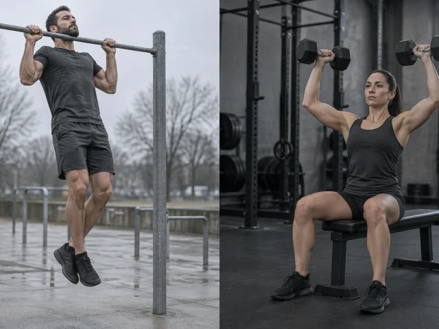 pratiquant de callisthénie sur une barre de parc et pratiquant de musculation avec haltères en salle