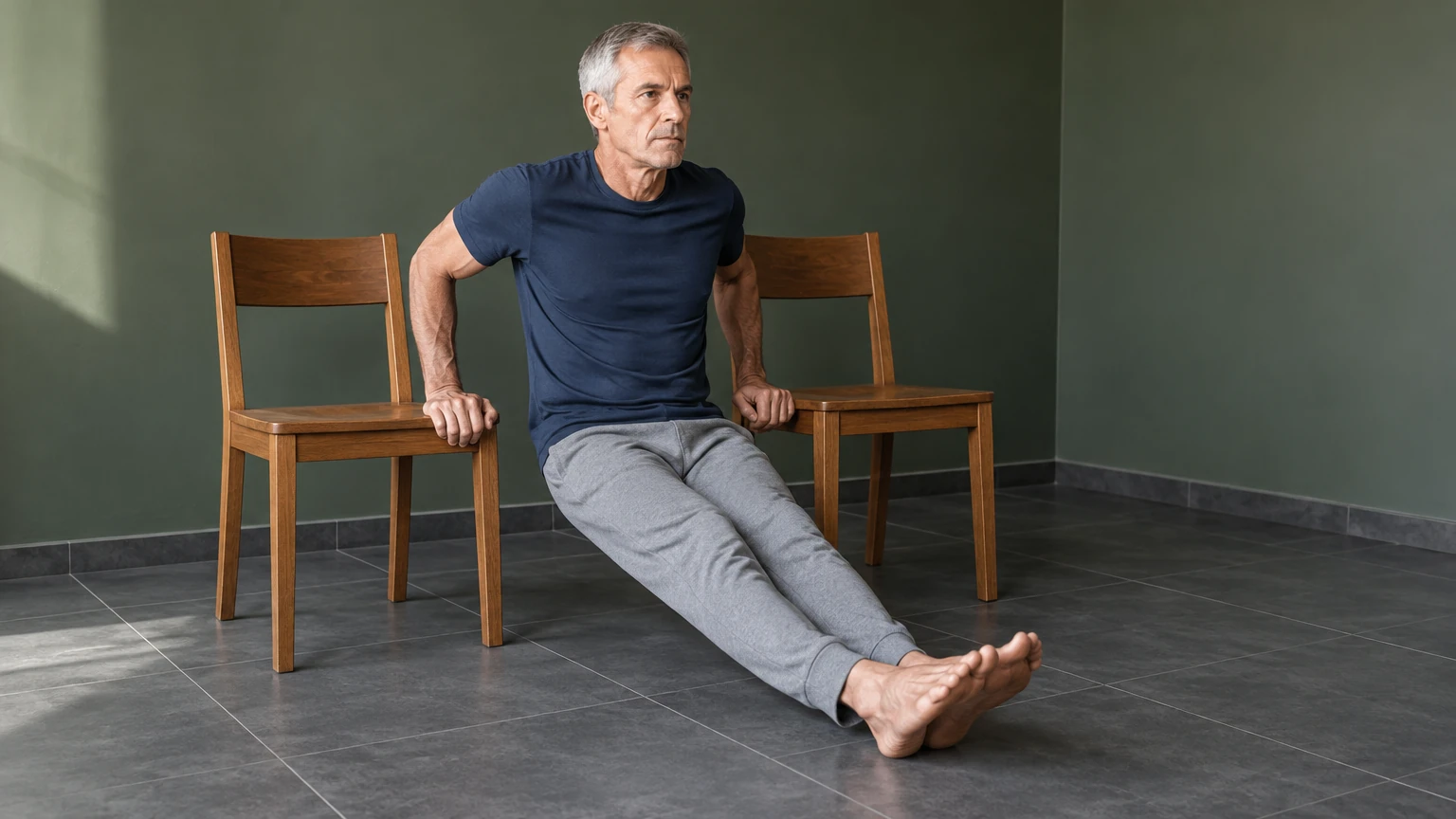 Dips entre deux chaises, exercice de triceps et de pectoraux sans matériel