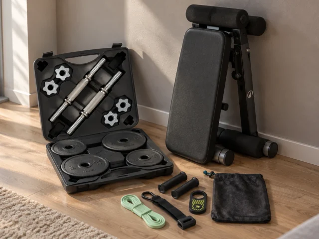 Kit de démarrage musculation pas cher : haltères réglables, banc pliable et élastiques de résistance
