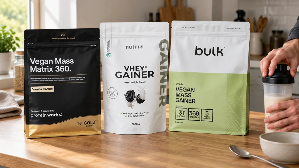 Les trois gainers vegan du comparatif : Protein Works, Bulk et nutri+
