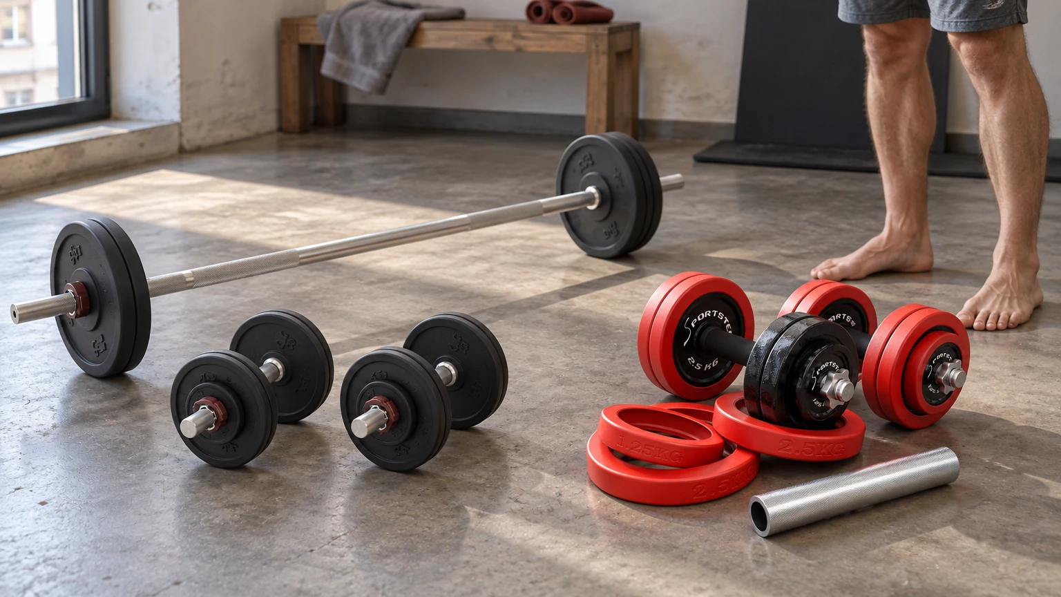 Kits de musculation pour débuter à la maison : haltères, barre et disques