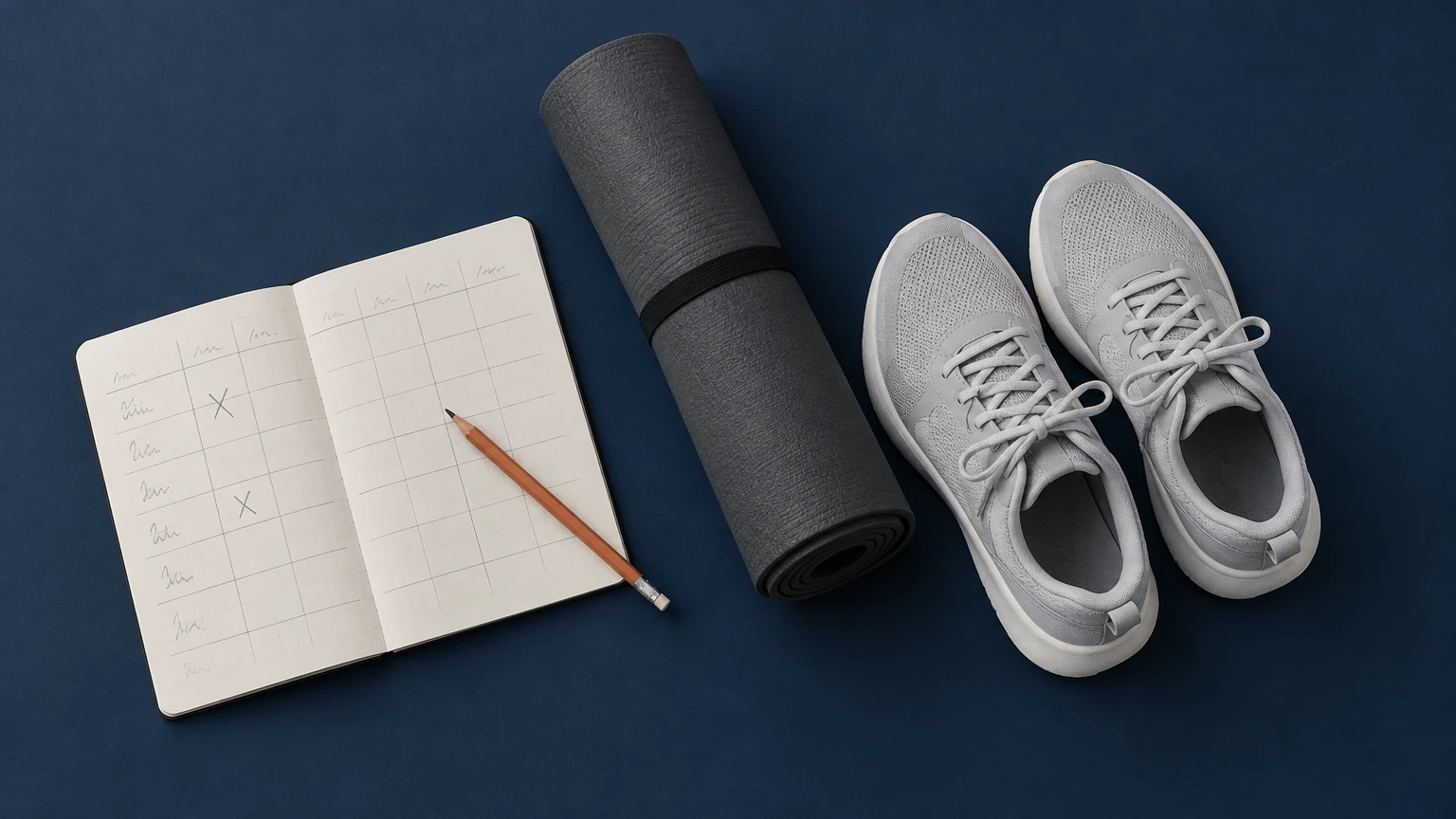 carnet de suivi des séances de sport à la maison, à côté d'un tapis et de baskets